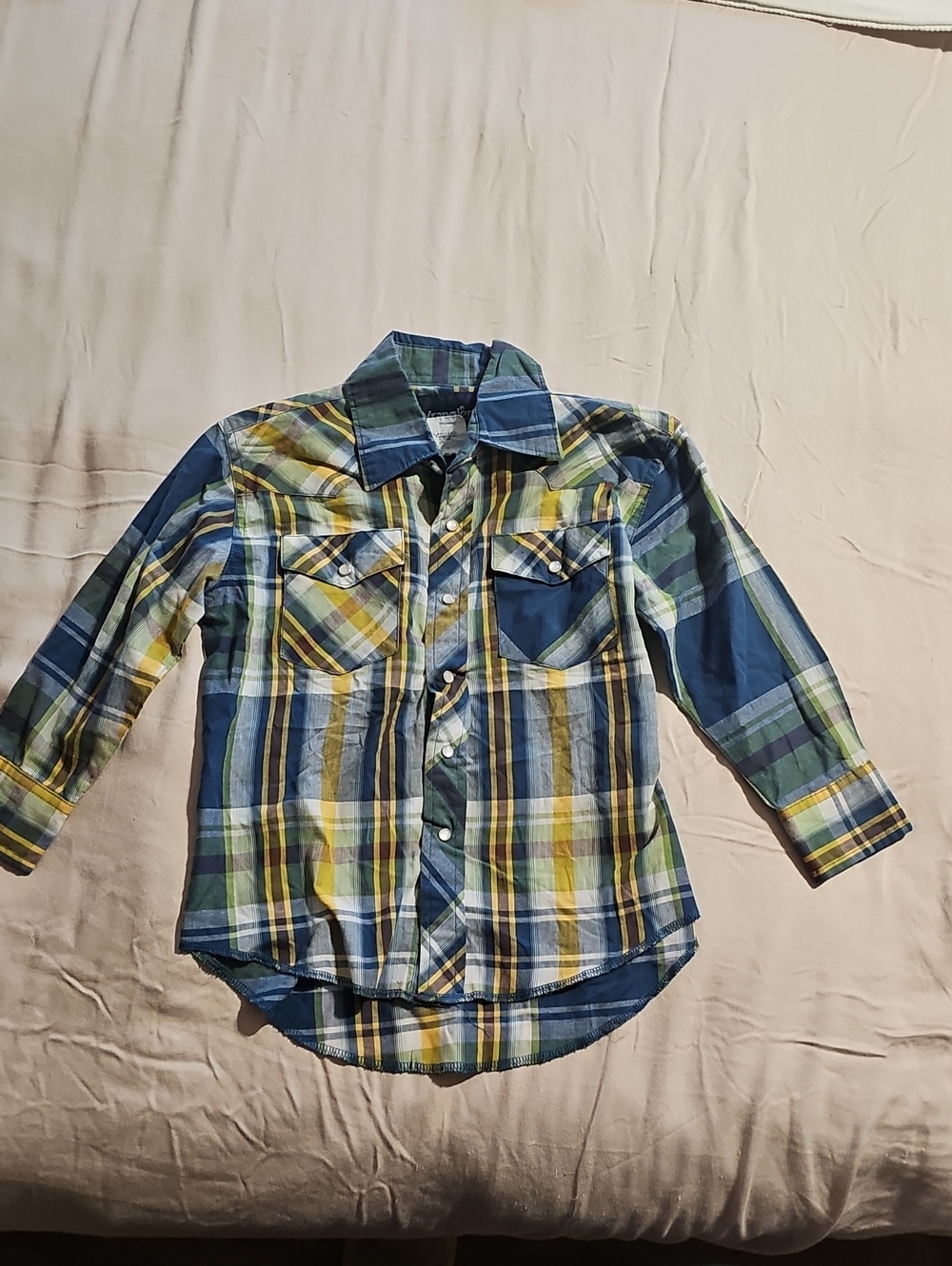 Wrangler Boys Plaid Button-Down Shirt in Blue, Green & Yellow